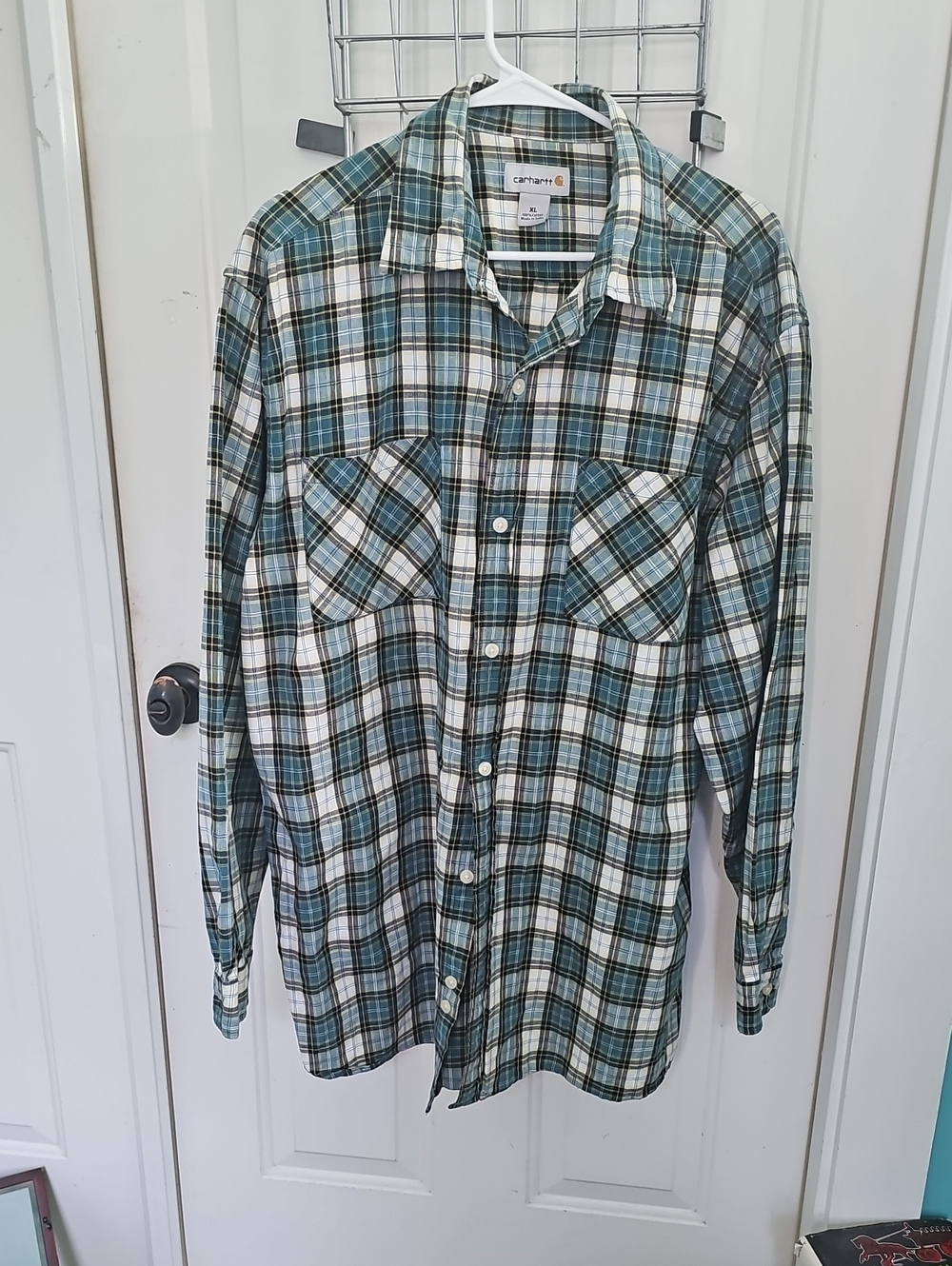 Carhartt Men's Teal and White Plaid Button-Down Shirt Size XL